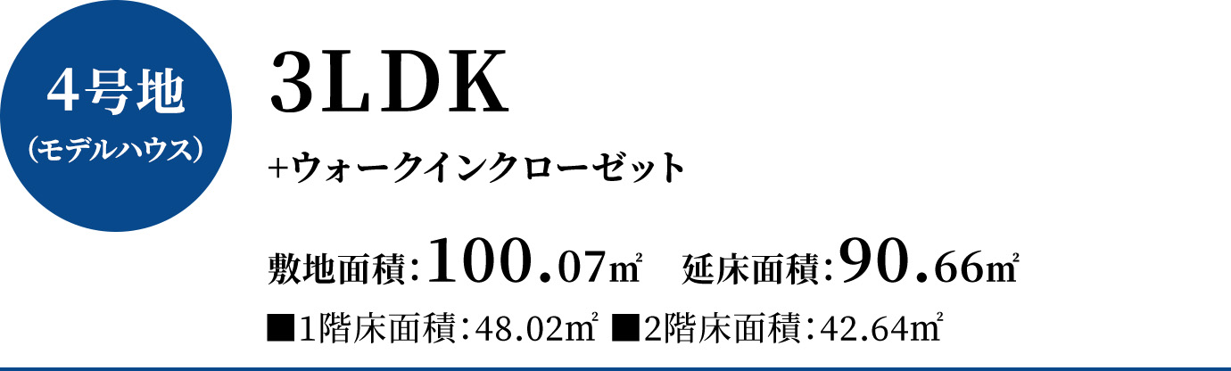 4号地モデルハウス3LDK+ウォークインクローゼット、敷地面積100.07平方メートル、延床面積90.66平方メートル（1階床面積48.02平方メートル、2階床面積、42.64平方メートル）